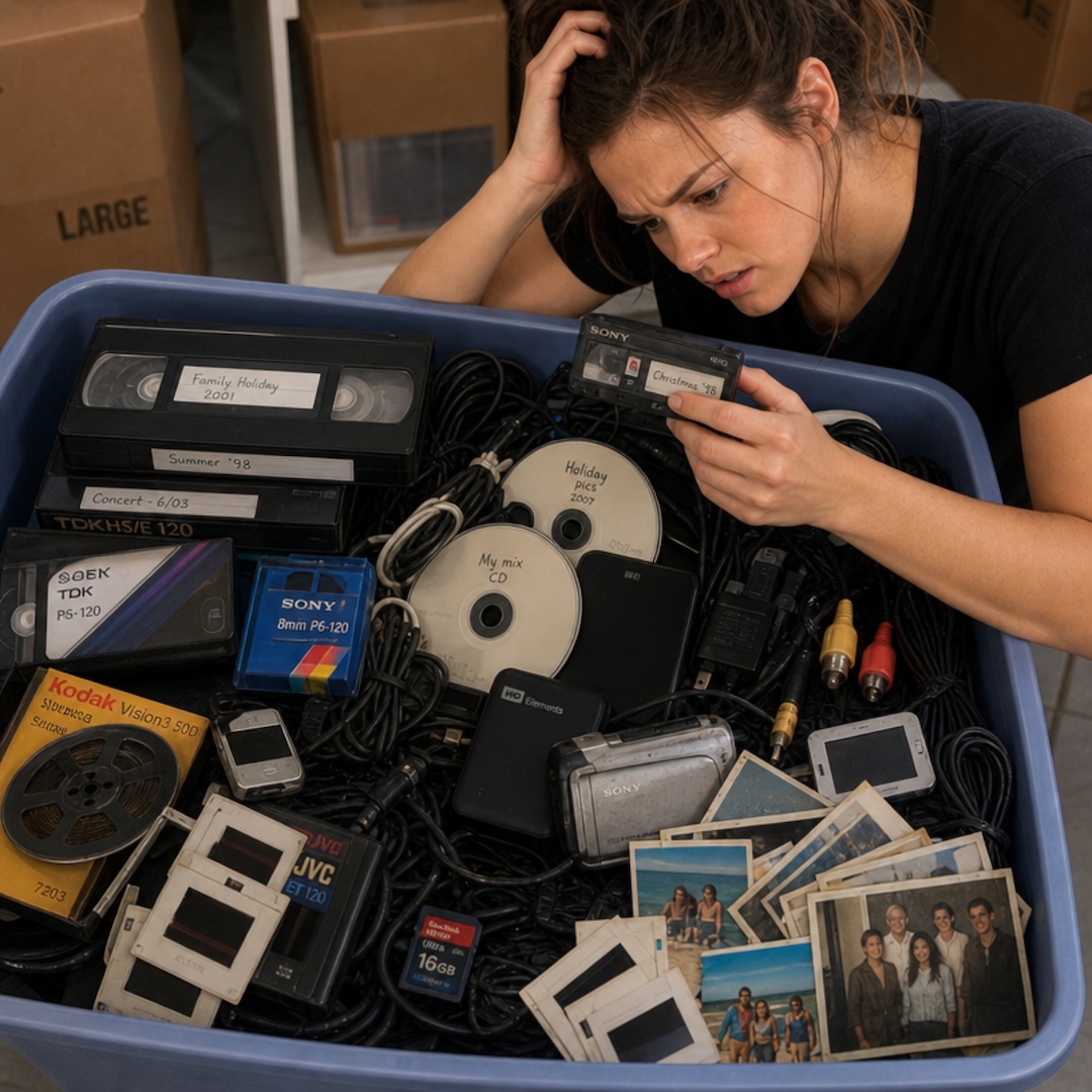Person looking frustrated surrounded by a box of old tapes and media