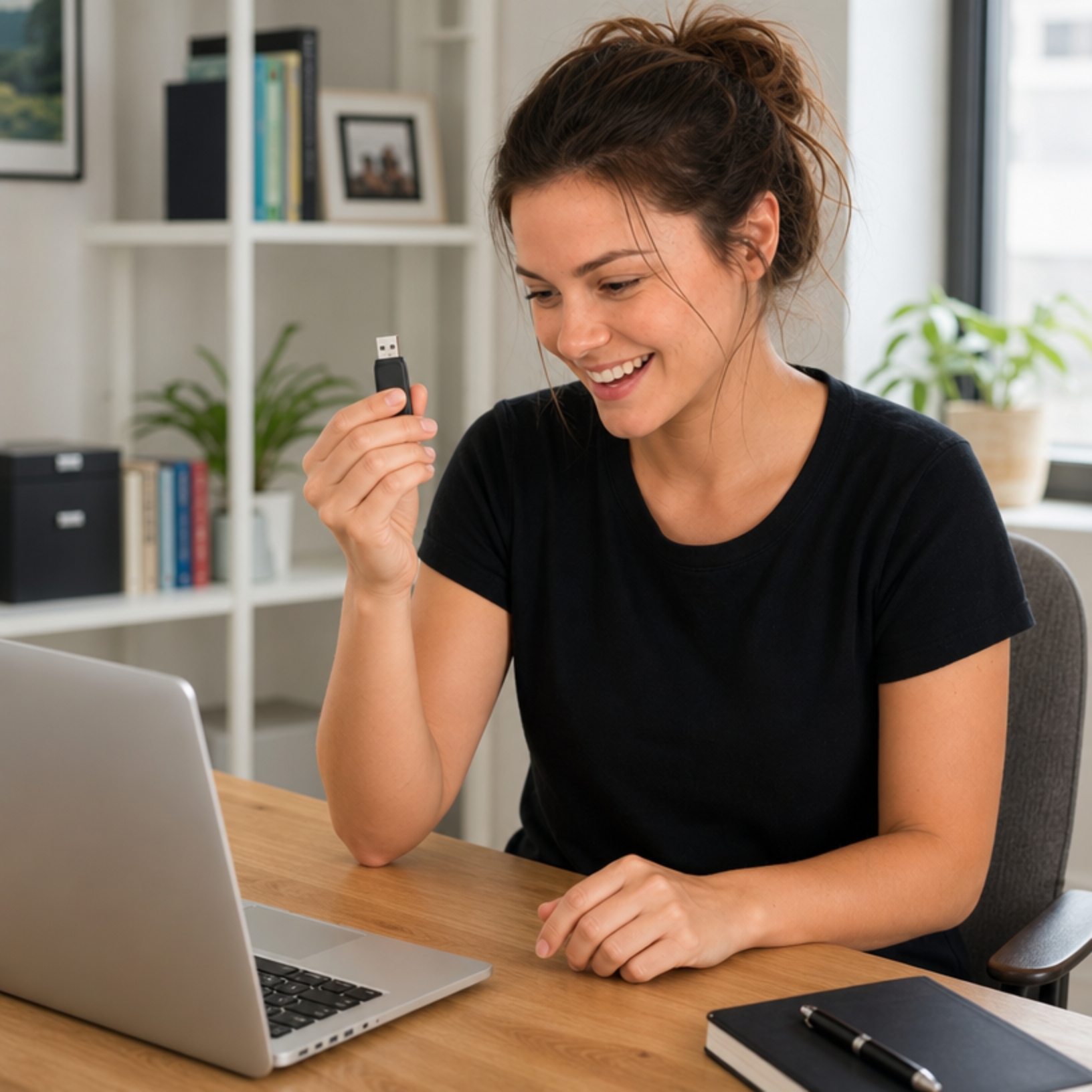 Person smiling holding a USB drive with their memories digitised
